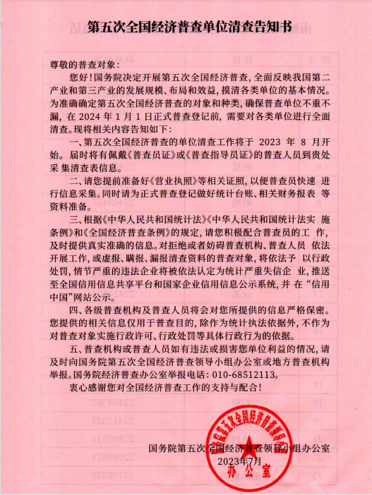 第五次全國經濟普查單位清查告知書 第五次全國經濟普查單位清查告知書